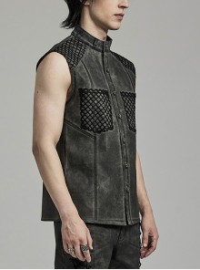 Punk Style Stand Collar Old Effect Fabric Mesh Splicing Personality Skull Button Cool Black Grey Male Vest