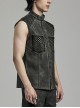 Punk Style Stand Collar Old Effect Fabric Mesh Splicing Personality Skull Button Cool Black Grey Male Vest