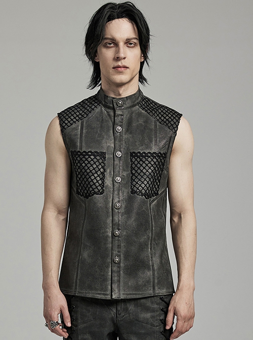 Punk Style Stand Collar Old Effect Fabric Mesh Splicing Personality Skull Button Cool Black Grey Male Vest