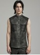 Punk Style Stand Collar Old Effect Fabric Mesh Splicing Personality Skull Button Cool Black Grey Male Vest