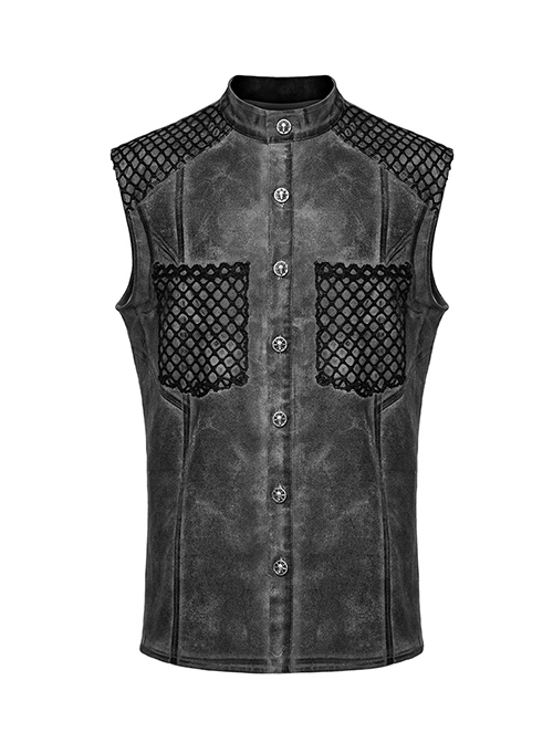 Punk Style Stand Collar Old Effect Fabric Mesh Splicing Personality Skull Button Cool Black Grey Male Vest