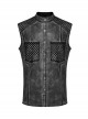 Punk Style Stand Collar Old Effect Fabric Mesh Splicing Personality Skull Button Cool Black Grey Male Vest