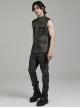 Punk Style Stand Collar Old Effect Fabric Mesh Splicing Personality Skull Button Cool Black Grey Male Vest