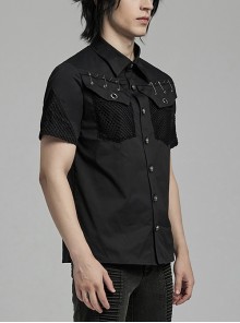 Punk Style Cool Pin Rivet Decoration Pocket Stretch Fabric Splicing Mesh Daily Black Male Short Sleeves Shirt