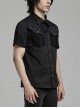 Punk Style Cool Pin Rivet Decoration Pocket Stretch Fabric Splicing Mesh Daily Black Male Short Sleeves Shirt