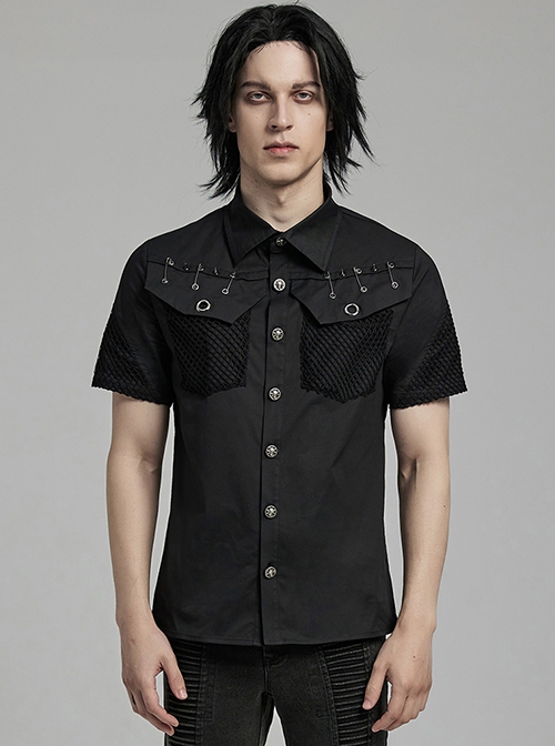 Punk Style Cool Pin Rivet Decoration Pocket Stretch Fabric Splicing Mesh Daily Black Male Short Sleeves Shirt