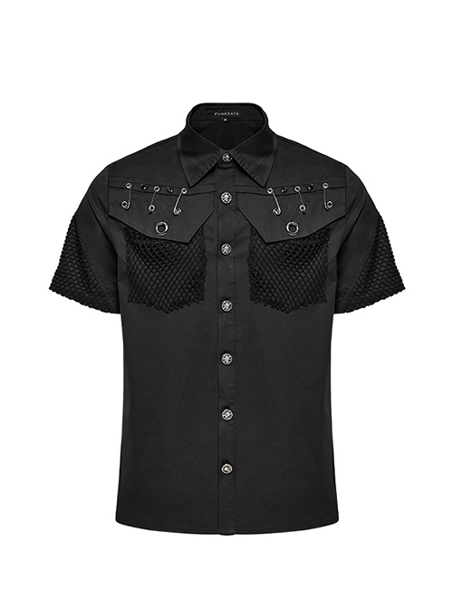 Punk Style Cool Pin Rivet Decoration Pocket Stretch Fabric Splicing Mesh Daily Black Male Short Sleeves Shirt