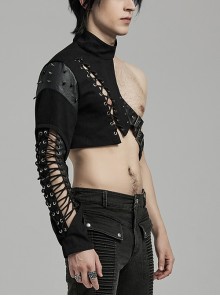 Punk Style Cool Leather Splicing Cross Straps Cool Rivet Metal Buckle Unique Rebellious Black One Arm Harness