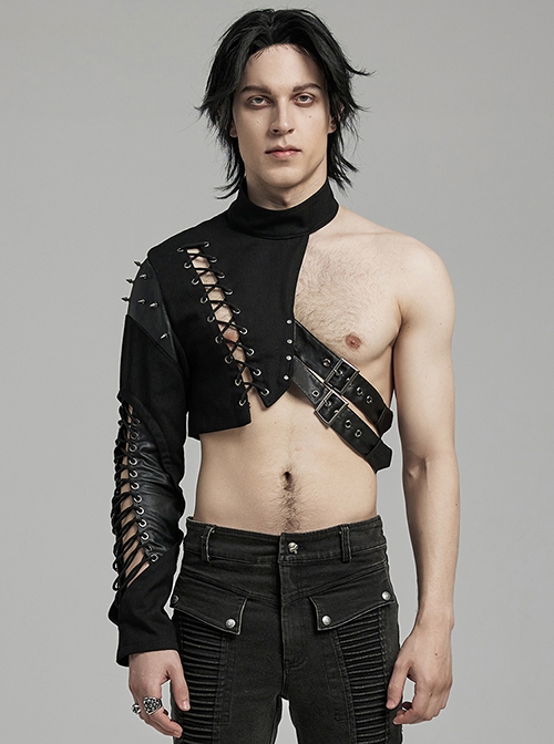 Punk Style Cool Leather Splicing Cross Straps Cool Rivet Metal Buckle Unique Rebellious Black One Arm Harness