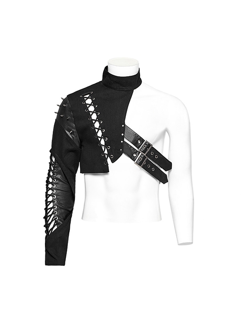 Punk Style Cool Leather Splicing Cross Straps Cool Rivet Metal Buckle Unique Rebellious Black One Arm Harness