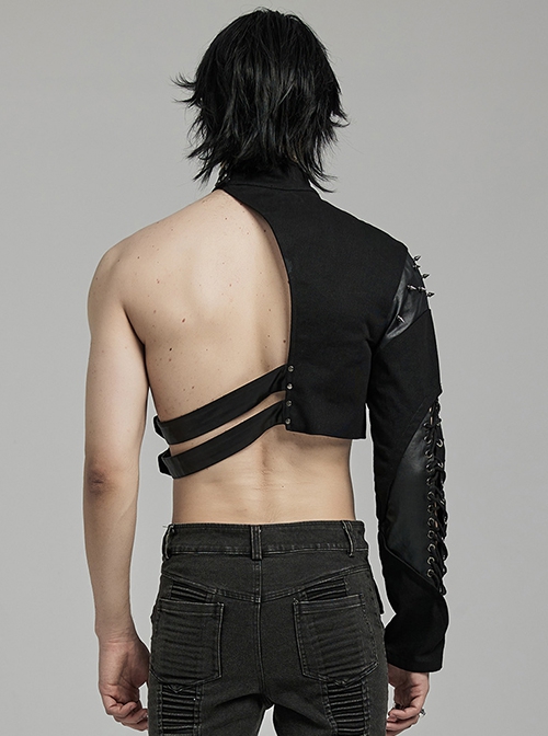 Punk Style Cool Leather Splicing Cross Straps Cool Rivet Metal Buckle Unique Rebellious Black One Arm Harness