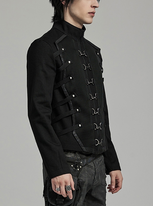 Punk Style Unique D Shaped Buckle Lobster Buckle Webbing Studs Embellish Cool Metal Rivets Black Long Sleeves Jacket