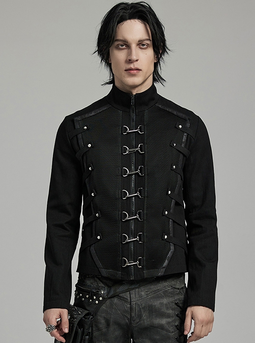 Punk Style Unique D Shaped Buckle Lobster Buckle Webbing Studs Embellish Cool Metal Rivets Black Long Sleeves Jacket