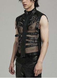 Punk Style Stand Collar Sexy Mesh See Through Cool Leather Splicing Metal Buckle Decoration Black Male Vest