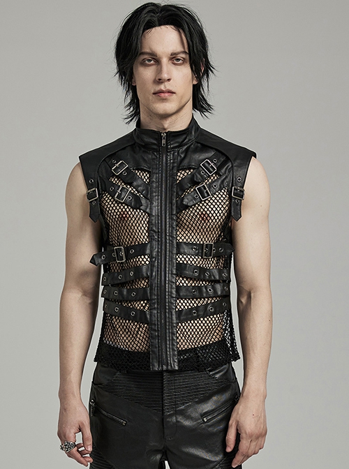 Punk Style Stand Collar Sexy Mesh See Through Cool Leather Splicing Metal Buckle Decoration Black Male Vest