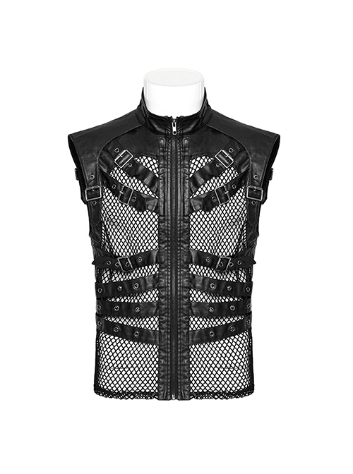 Punk Style Stand Collar Sexy Mesh See Through Cool Leather Splicing Metal Buckle Decoration Black Male Vest