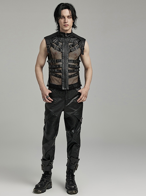 Punk Style Stand Collar Sexy Mesh See Through Cool Leather Splicing Metal Buckle Decoration Black Male Vest