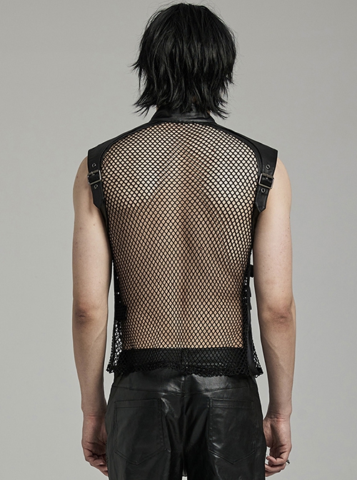 Punk Style Stand Collar Sexy Mesh See Through Cool Leather Splicing Metal Buckle Decoration Black Male Vest