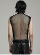 Punk Style Stand Collar Sexy Mesh See Through Cool Leather Splicing Metal Buckle Decoration Black Male Vest