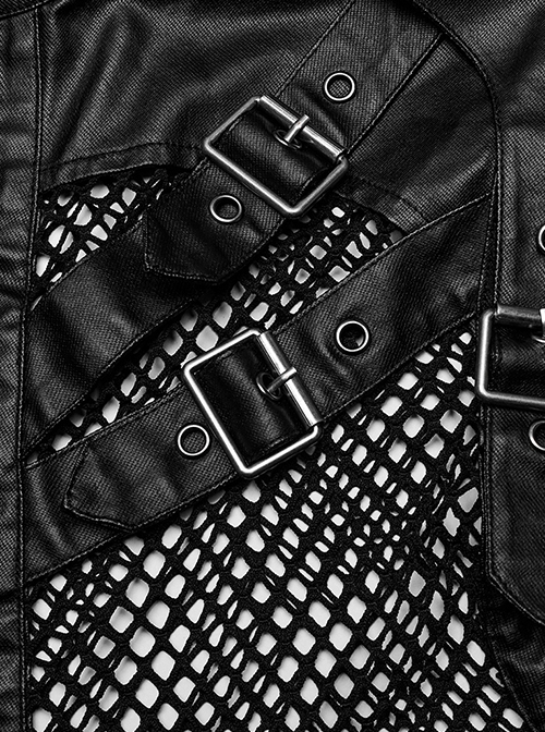 Punk Style Stand Collar Sexy Mesh See Through Cool Leather Splicing Metal Buckle Decoration Black Male Vest