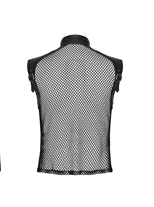 Punk Style Stand Collar Sexy Mesh See Through Cool Leather Splicing Metal Buckle Decoration Black Male Vest