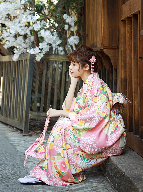 Godly Girl Japanese Style Kawaii Fashion Colorful Chrysanthemum Traditional Patterns Improved Kimono Yukata