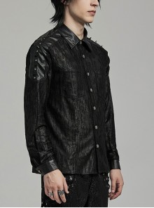 Punk Style Damaged Knitted Splicing Rubberrized Fabric Cool Skull Button Spike Rivet Black Long Sleeves Shirt