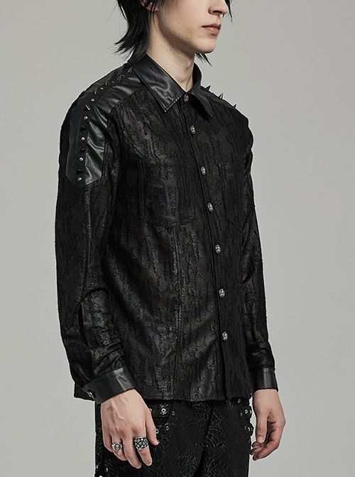 Punk Style Damaged Knitted Splicing Rubberrized Fabric Cool Skull Button Spike Rivet Black Long Sleeves Shirt