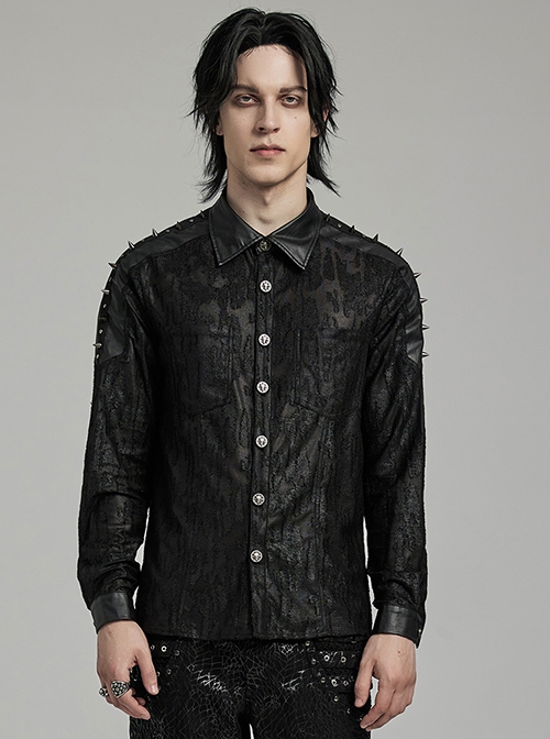 Punk Style Damaged Knitted Splicing Rubberrized Fabric Cool Skull Button Spike Rivet Black Long Sleeves Shirt