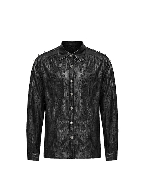 Punk Style Damaged Knitted Splicing Rubberrized Fabric Cool Skull Button Spike Rivet Black Long Sleeves Shirt