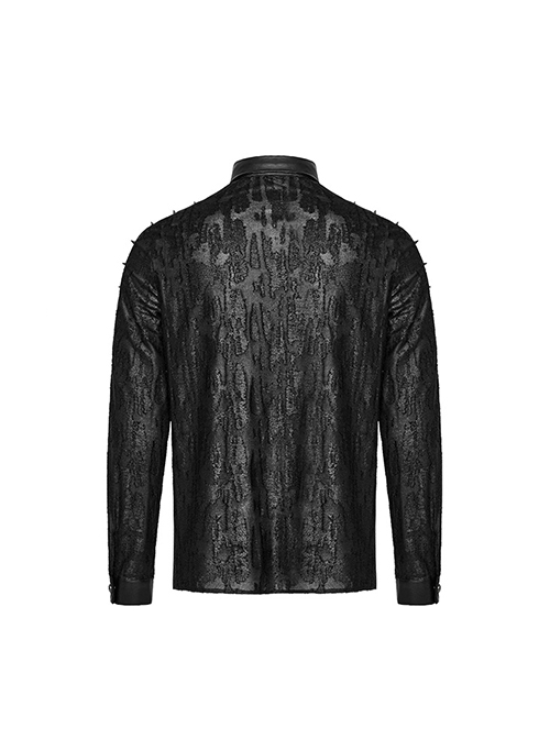 Punk Style Damaged Knitted Splicing Rubberrized Fabric Cool Skull Button Spike Rivet Black Long Sleeves Shirt