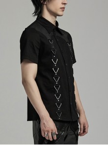 Punk Style Simple Lapel Cracked Leather Stitching Cool Triangle Ring Rivet Decoration Black Short-Sleeved Shirt