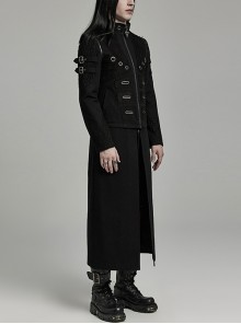 Punk Style Stand Collar Cool Metal Ring Decoration Unique Personality Detachable Sleeves Black Male Long Jacket