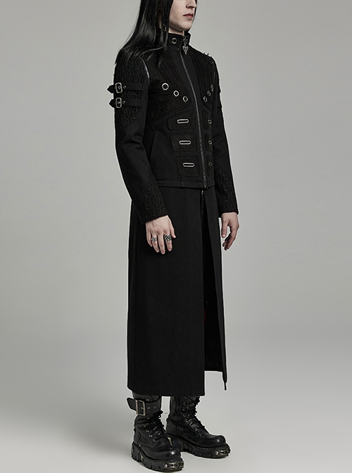 Punk Style Stand Collar Cool Metal Ring Decoration Unique Personality Detachable Sleeves Black Male Long Jacket