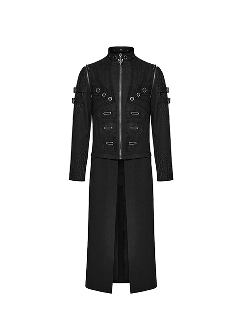 Punk Style Stand Collar Cool Metal Ring Decoration Unique Personality Detachable Sleeves Black Male Long Jacket