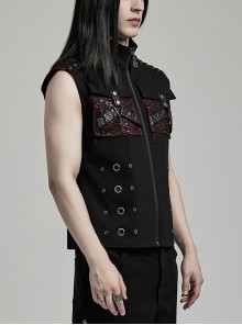 Punk Style Cool Metal Eyelets Cracked Leather Splicing 3D Pockets Shoulder Cross Straps Black Red Male Vest