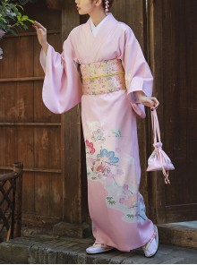 Gentle Pink Japanese Style Elegant Simple Kawaii Fashion  Branche Flower Traditional Patterns Improved Yukata Kimono