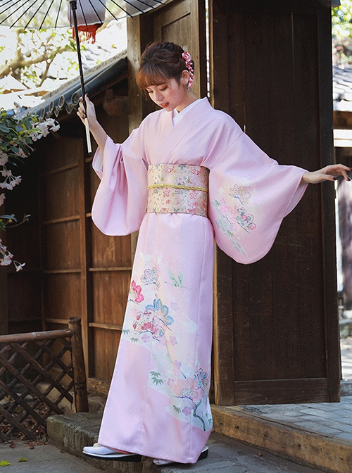 Gentle Pink Japanese Style Elegant Simple Kawaii Fashion  Branche Flower Traditional Patterns Improved Yukata Kimono