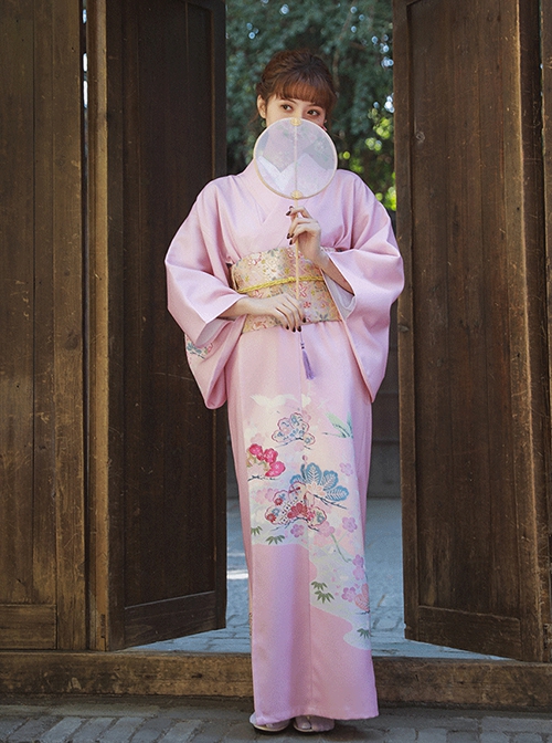 Gentle Pink Japanese Style Elegant Simple Kawaii Fashion  Branche Flower Traditional Patterns Improved Yukata Kimono