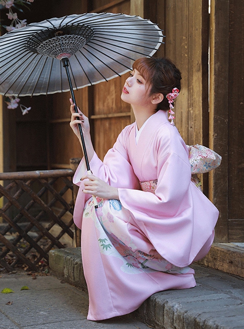 Gentle Pink Japanese Style Elegant Simple Kawaii Fashion  Branche Flower Traditional Patterns Improved Yukata Kimono