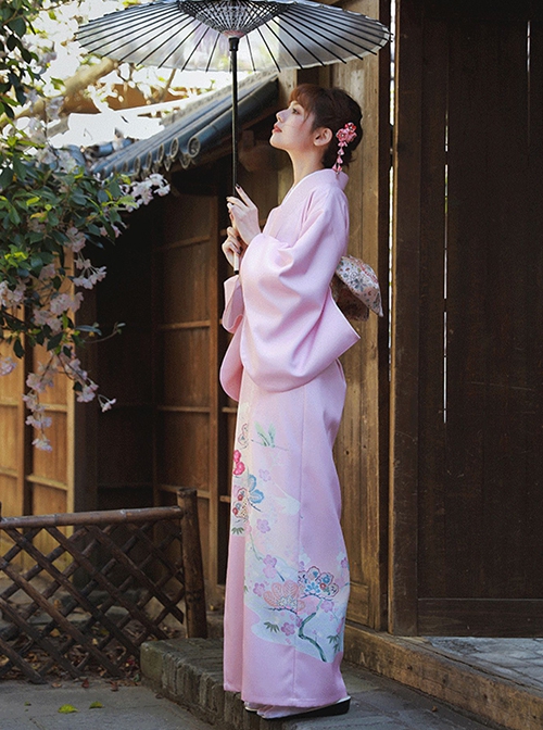 Gentle Pink Japanese Style Elegant Simple Kawaii Fashion  Branche Flower Traditional Patterns Improved Yukata Kimono