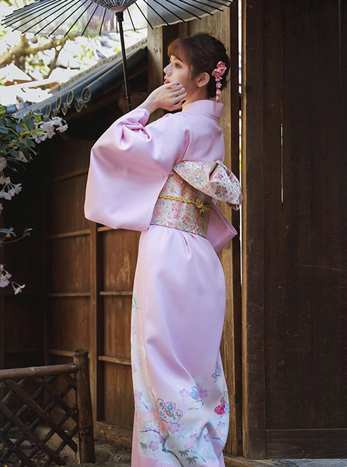 Gentle Pink Japanese Style Elegant Simple Kawaii Fashion  Branche Flower Traditional Patterns Improved Yukata Kimono