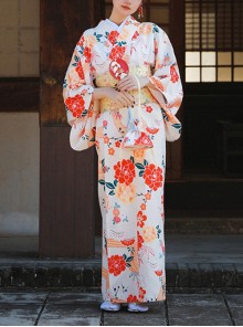 Japanese Cute Traditional Formal Gorgeous Large Red Flower Sakura Print Dress Kawaii Fashion Yukata Kimono