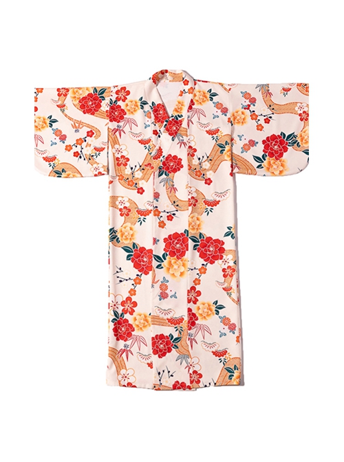 Japanese Cute Traditional Formal Gorgeous Large Red Flower Sakura Print Dress Kawaii Fashion Yukata Kimono