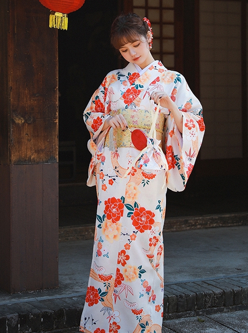 Japanese Cute Traditional Formal Gorgeous Large Red Flower Sakura Print Dress Kawaii Fashion Yukata Kimono