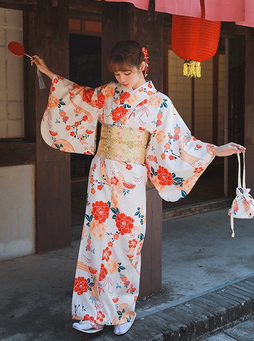 Japanese Cute Traditional Formal Gorgeous Large Red Flower Sakura Print Dress Kawaii Fashion Yukata Kimono