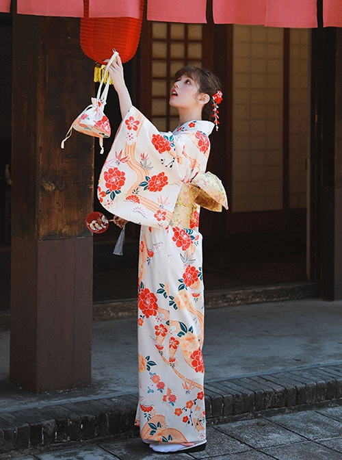 Japanese Cute Traditional Formal Gorgeous Large Red Flower Sakura Print Dress Kawaii Fashion Yukata Kimono