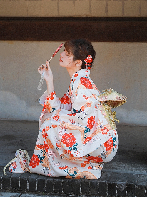 Japanese Cute Traditional Formal Gorgeous Large Red Flower Sakura Print Dress Kawaii Fashion Yukata Kimono