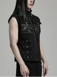Punk Style Handsome Metal Eyelet Cracked Leather Stitching Unique 3D Pocket Cross Strap Black Male Vest