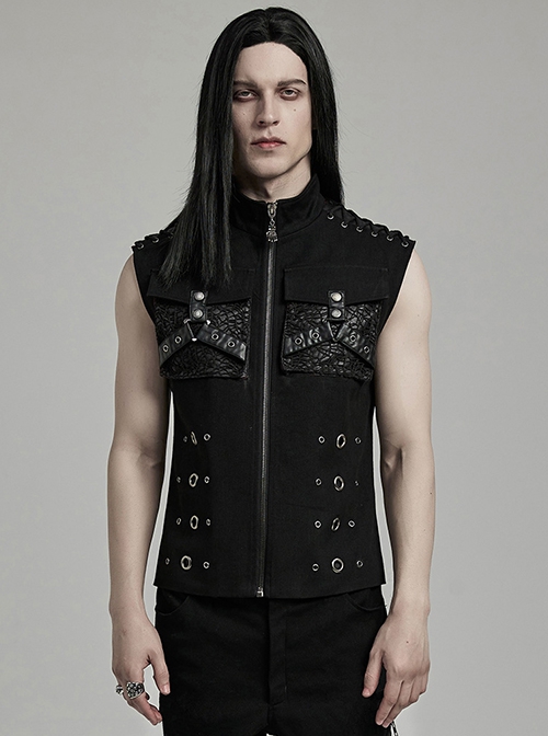 Punk Style Handsome Metal Eyelet Cracked Leather Stitching Unique 3D Pocket Cross Strap Black Male Vest